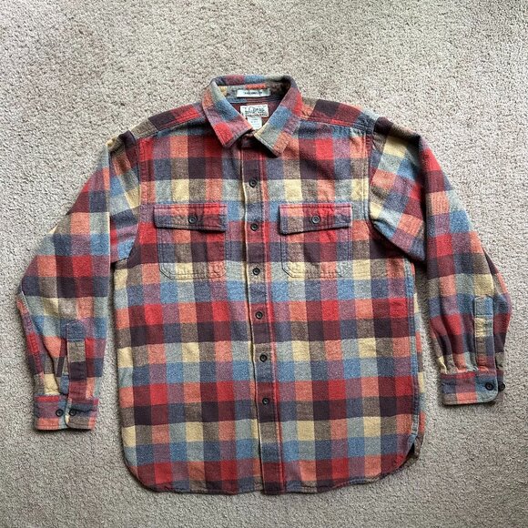L.L. Bean Other - LL Bean Shirt Mens Medium Flannel Red Tan Plaid Long Sleeve Button Up Chamois